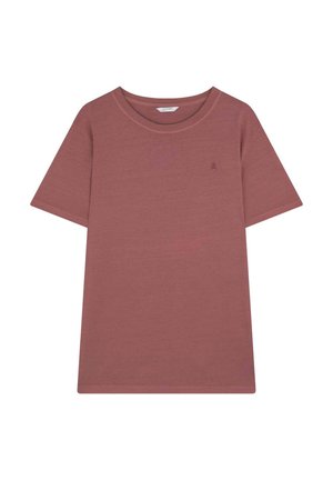 Camiseta de algodón corta de manga en color marrón, con cuello redondo y un logo sutil en el pecho, que presenta una textura suave y un ajuste relajado.
