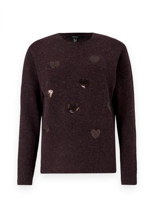 Suéter escuro em borgonha com decote redondo, apresentando motivos de corações com lantejoulas dispersas em tons de bronze e ouro. Textura suave, punhos canelados.