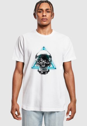 White cotton t-shirt featuring a graphic print of a skull inside a blue triangle. Short sleeves and a relaxed fit.