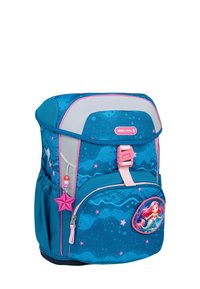 Blue fabric backpack with pink accents, cartoon character patch, silver zipper, star-shaped charm, and side pocket for storage.