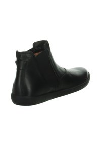 Black leather ankle boots with a smooth finish, elastic side inserts, rounded toe, and a black rubber sole.