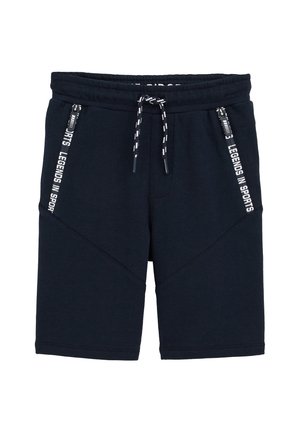 Sorte sportsshorts til knæet med snøre i taljen og lynlåslommer på siden med mærket "Legends in Sports."