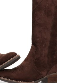 Botas de vaquero de ante marrón con costuras decorativas en el caña y la punta, presentando un bajo tacón de madera apilada y un ribete cosido en la suela.