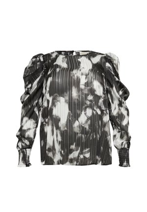Black and white blouse featuring a pleated design, puffed sleeves, round neckline, and elasticated cuffs with a flowy, delicate texture.