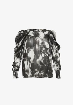 Fekete-fehér blúz, plissé dizájnnal, puffos ujjak, kerek nyakkivágás és elasztikus mandzsetták, lágy, finom textúrával.