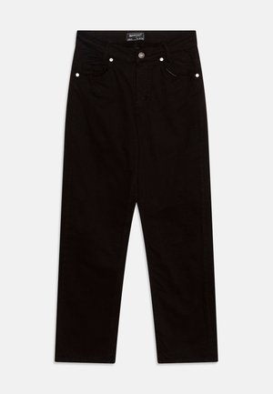 Jean noir droit avec poches avant, bouton et fermeture éclair, présenté à plat sur fond blanc.