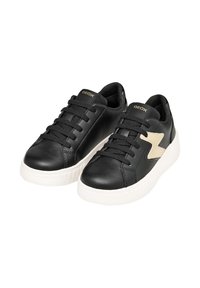 Sorte læder sneakers med struktureret finish, hvid gummisål og guld logo. Har et guld- og cremefarvet lynlås-detalje.
