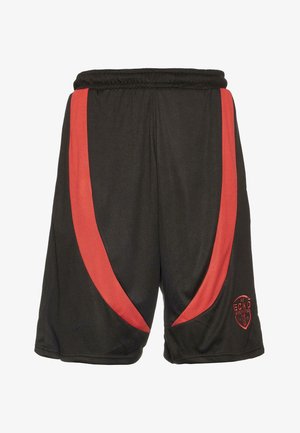 Černé sportovní šortky s červenými zakřivenými pruhy a malým logem na dolní levé straně. Vyrobeny z lehkého a prodyšného materiálu.