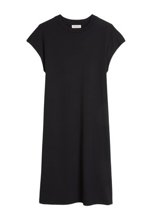 Zwarte casual jurk met korte mouwen, ronde hals, knielengte zoom en een losse pasvorm.