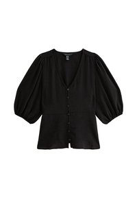 Blusa negra con un profundo escote en V, mangas abullonadas y un cierre de botones en la parte delantera. Tejido suave con una textura lisa y longitud por encima de la cintura.