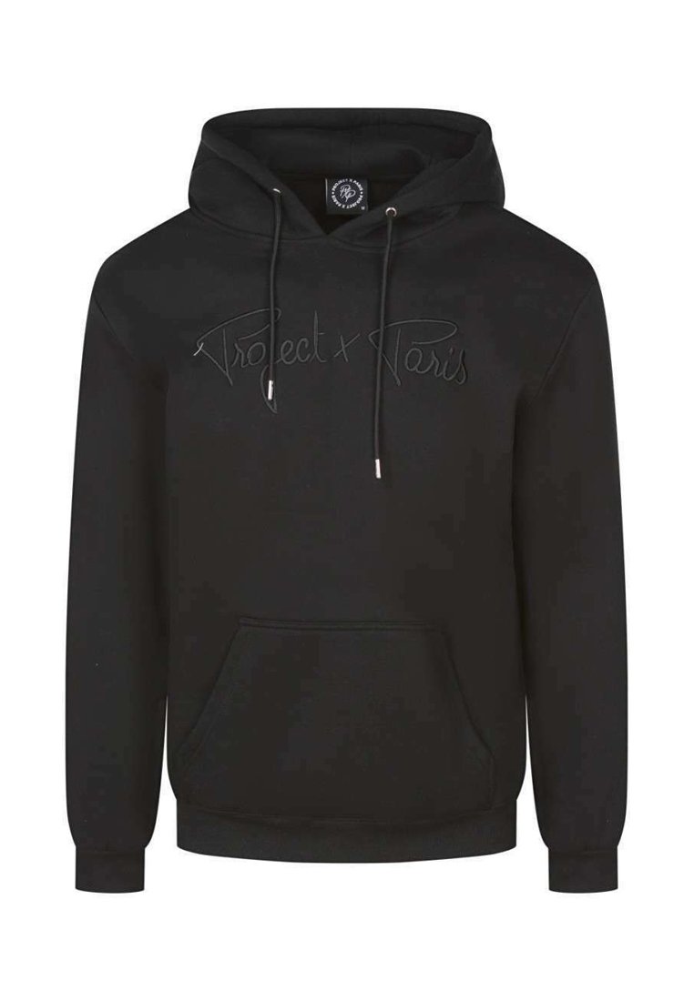 Zwarte hoodie met een trekkoordkap, voorste kangaroo zak en geborduurd "Project x Paris" logo in bijpassend garen. Zachte stoftextuur.