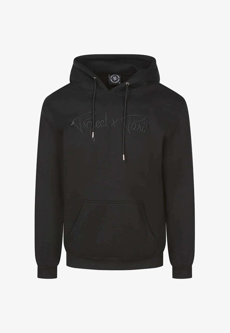 Felpa nera con cappuccio regolabile, tasca a marsupio frontale e logo ricamato "Project x Paris" in filo coordinato. Tessuto morbido.