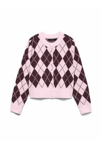 Růžový a tmavě hnědý argyle vzorovaný kardigan s dlouhými rukávy, žebrovaným výstřihem a předními knoflíky; měkká struktura a zkrácený střih.