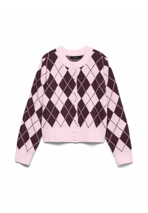 Rosa und dunkelbrauner Argyle-musterter Cardigan mit langen Ärmeln, geripptem Ausschnitt und vorderen Knöpfen; weicher Stoff und cropped Passform.
