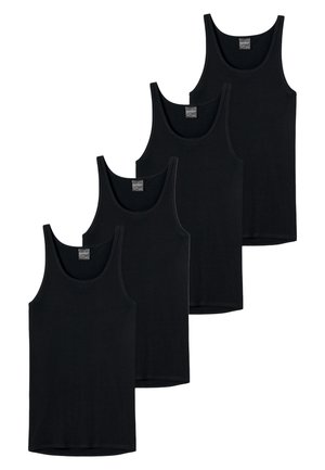 Paquet de quatre débardeurs en coton noir. Chacun présente un col rond et un design sans manches avec une texture lisse et des détails de couture minimaux.