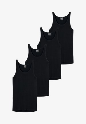 Paket mit vier schwarzen Baumwoll-Trägershirts. Jedes hat einen runden Ausschnitt und ein ärmelloses Design mit einer glatten Textur und minimalen Nähdetails.