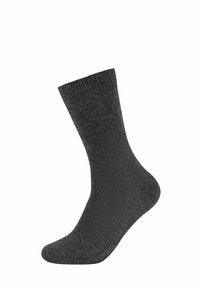 Ciemnoszara bawełniana skarpeta, sięgająca do połowy łydki, z prążkowanym mankietem i gładką teksturą, bez widocznych wzorów czy akcentów.