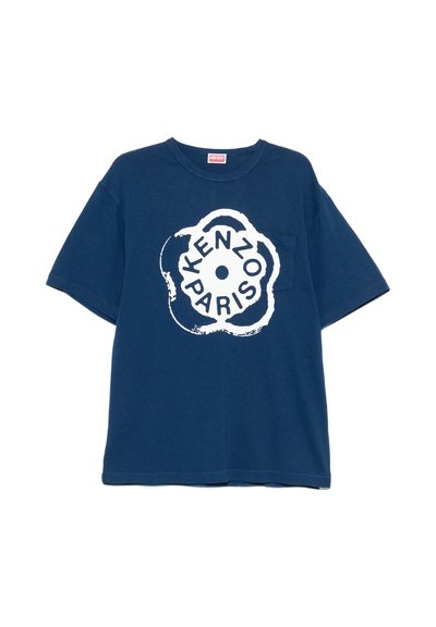 Marineblå t-shirt med korte ærmer med hvidt abstrakt blomstermønster og teksten ""Kenzo Paris"" foran.