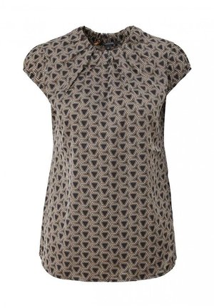 Sleeveless black blouse with beige geometric hexagon pattern and gathered neckline detail.