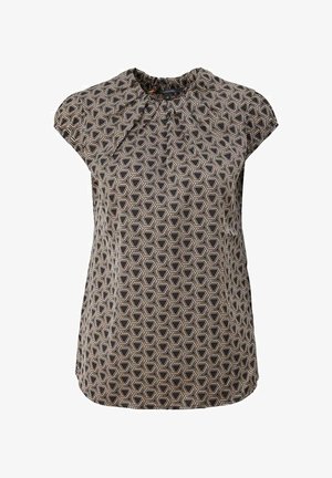 Blouse noire sans manches avec motif géométrique beige en forme d'hexagones et détail de fronces au col.