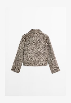 Leopardenmuster-Jacke mit Kragen, langen Ärmeln und strukturiertem Stoff in Beige- und Brauntönen. Die Rückansicht zeigt die Musterdetails.