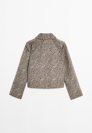 Veste en imprimé léopard brun avec des manches longues, un col et un design court. Le tissu a une texture douce et un motif uniforme.