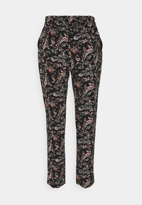Pantalon noir fuselé avec motif floral cachemire rouge et blanc et poches latérales, présenté sur un fond blanc uni.