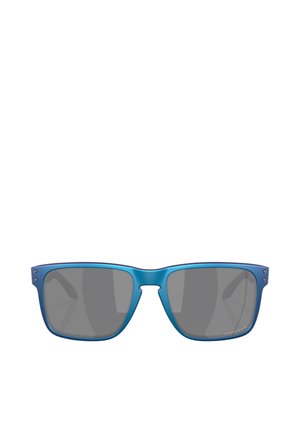 Occhiali da sole blu con montatura quadrata, accentuazioni in metallo e lenti grigie. Texture liscia con un leggero gradiente dal blu scuro al blu chiaro.