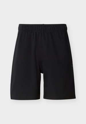 Zwarte korte broek met elastische taille en een eenvoudige, rechte snit, afgebeeld tegen een effen lichte achtergrond.