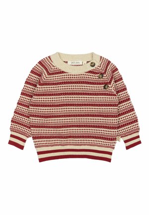 Rot-cream gestreifter Pullover mit Rundhals, drei dekorativen Knöpfen an einer Schulter und gerippten Bündchen und Saum. Weiches Strickmaterial.
