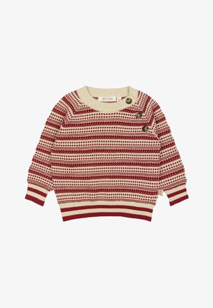 Rdeča in kremna prugasta pulover s okroglo izrezom, tremi dekorativnimi gumbi na enem rami ter rebrastimi manšetami in robom. Mehka pletenina.