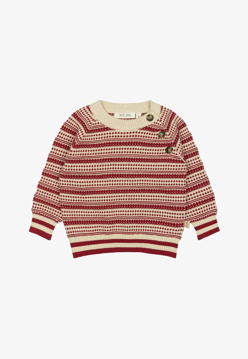 Piros és krém csíkos pulóver kerek nyakkivágással, három díszgombbal az egyik válen, valamint bordázott mandzsettákkal és alsó szegéllyel. Puha kötött anyag.