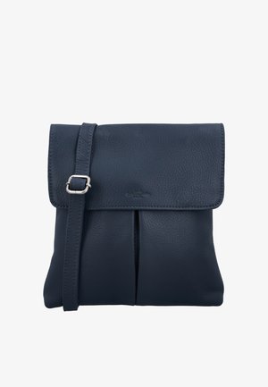 Borsa a tracolla in pelle blu scuro con pattina frontale e tracolla regolabile con fibbia in argento.