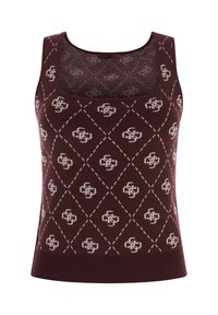 Bordeauxrode gebreide tanktop met een vierkante halslijn, voorzien van een diamantpatroon en lichtgekleurde accenten door de stof.