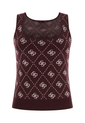 Bordeauxrotes Strick-Top mit quadratischem Ausschnitt, das ein Rautenmuster und helle Akzente im gesamten Stoff aufweist.