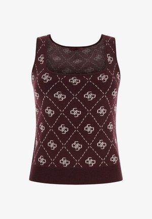 Top a canotta bordeaux in maglia con scollo quadrato, caratterizzato da un motivo a diamante e accenti di colore chiaro su tutto il tessuto.