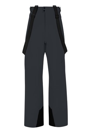 Schwarze wasserdichte Hosen mit verstellbaren Trägern, gerade geschnitten und mit glänzenden schwarzen Akzenten am Saum. Verstärkte Nähte.