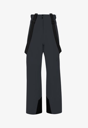 Pantaloni neri impermeabili con spalline regolabili, caratterizzati da un design a gamba dritta e dettagli brillanti neri all'orlo. Cuciture rinforzate.