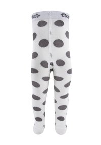 White tights with large gray polka dots. Soft knit material with a decorative elastic waistband. Classic, comfortable fit for children.