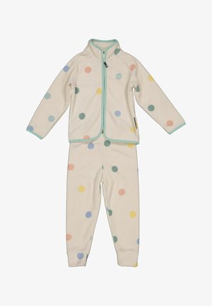 Børnefleecesæt i cremefarve med lange ærmer og bukser, dekoreret med flerfarvede polkaprikker og lyseblå kant på kanterne.