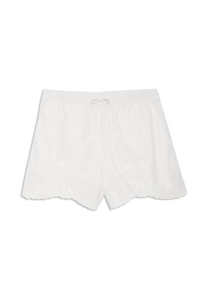 Shorts blancs légers avec taille élastique, cordon de serrage, ourlet festonné et broderie florale subtile le long du bord inférieur.