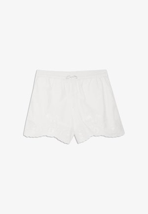 Shorts blancs légers avec taille élastique, cordon de serrage, ourlet festonné et broderie florale subtile le long du bord inférieur.