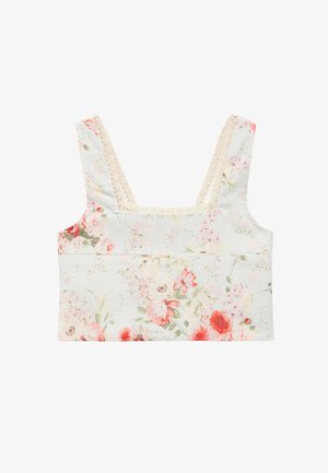 Kwiatowy crop top na jasnoniebieskim tle, ozdobiony różowymi i pomarańczowymi kwiatami. Posiada koronkowe wykończenia przy kwadratowym dekolcie i ramiączkach.