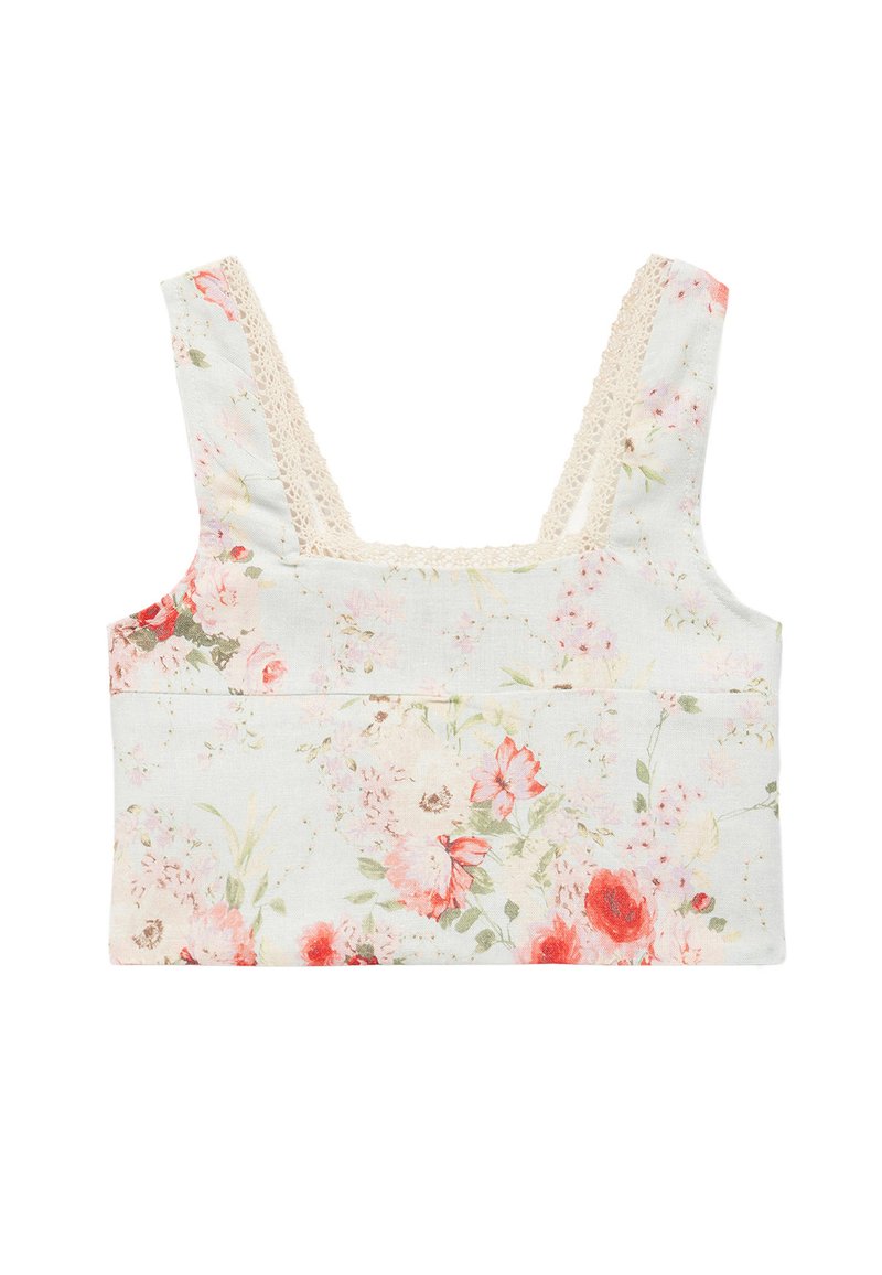 Blumiges Cropped-Top mit hellblauem Hintergrund, verziert mit rosa und orangefarbenen Blumen. Verfügt über Spitzenbesätze am quadratischen Ausschnitt und den Trägern.