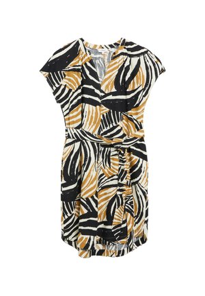 Kurzärmeliges Kleid mit schwarzem, weißem und senfgelbem abstraktem zebramuster und einem passenden Stoffgürtel an der Taille.