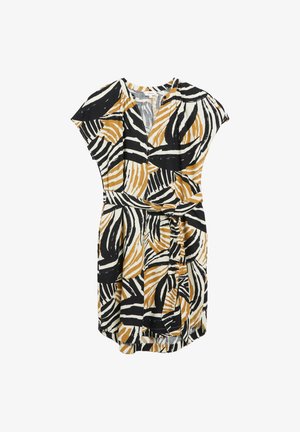 Kurzärmeliges Kleid mit schwarzem, weißem und senfgelbem abstraktem zebramuster und einem passenden Stoffgürtel an der Taille.