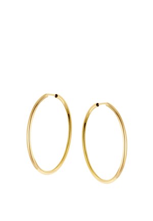 Pair of thin, polished gold hoop earrings with hinge clasp, displayed on a white background.