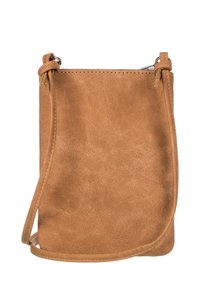 Tanfärgad faux läder crossbody-väska med en enkel design, mjuk textur och en tunn rem. Har ett övre dragkedjestängning och minimal sömnad.