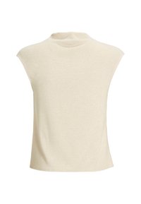 Top en maille beige sans manches avec un col montant et une coupe décontractée.