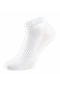 Calzino bianco alla caviglia realizzato in un materiale traspirante con un polsino a costine e una texture a rete sui lati per la ventilazione.